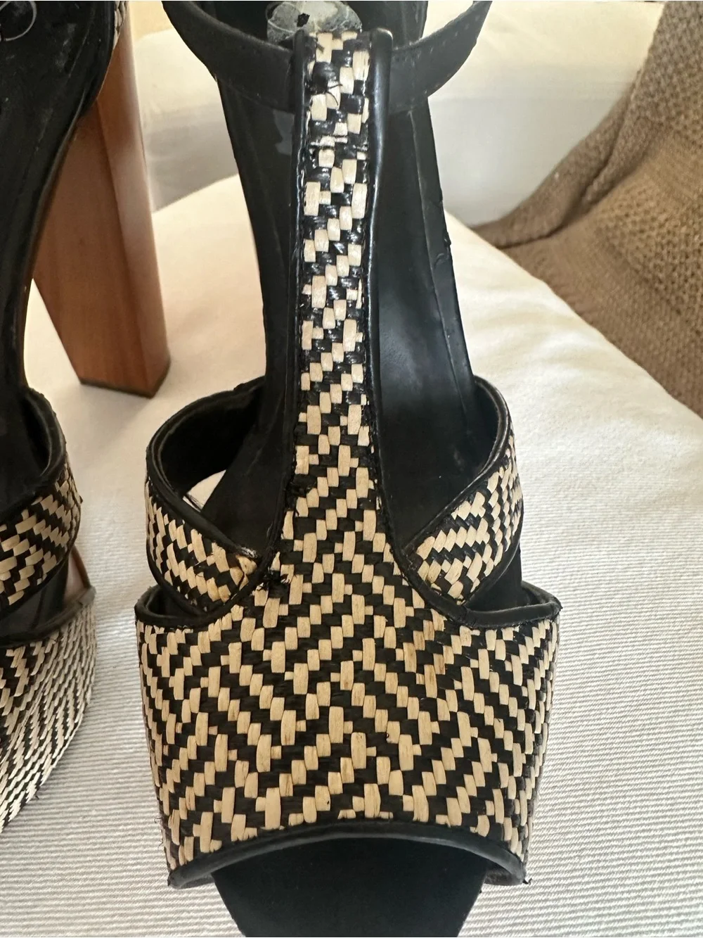 Jessica Simpson Dany Black and Cream Woven Platform Sandals with Wood Block Heel - Picture 4 of 11